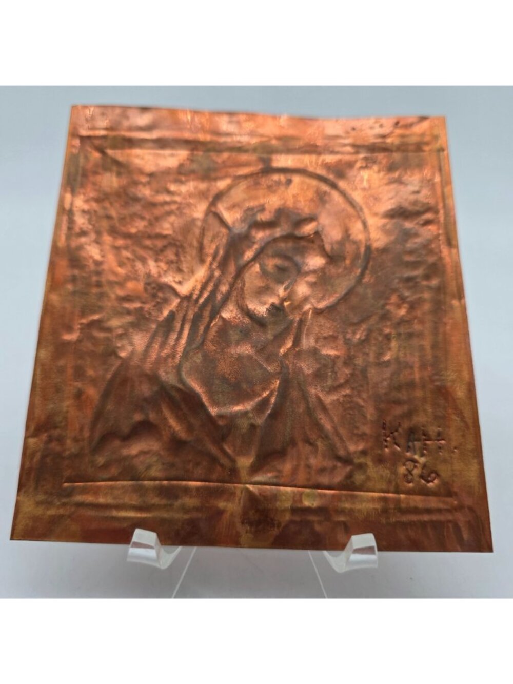 Copper Embossed Religious Artwork Signed KAH 86 Virgin Mary Design 4"x4.5" Panel - Picture 2 of 9